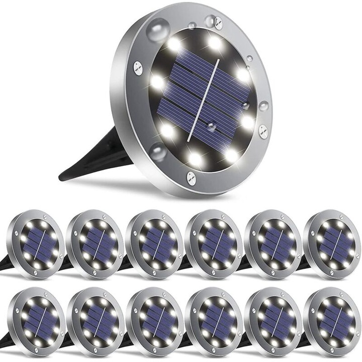 Lampi solare de exterior, set 12 bucati, rezistente la apa, alb rece, 12x4cm