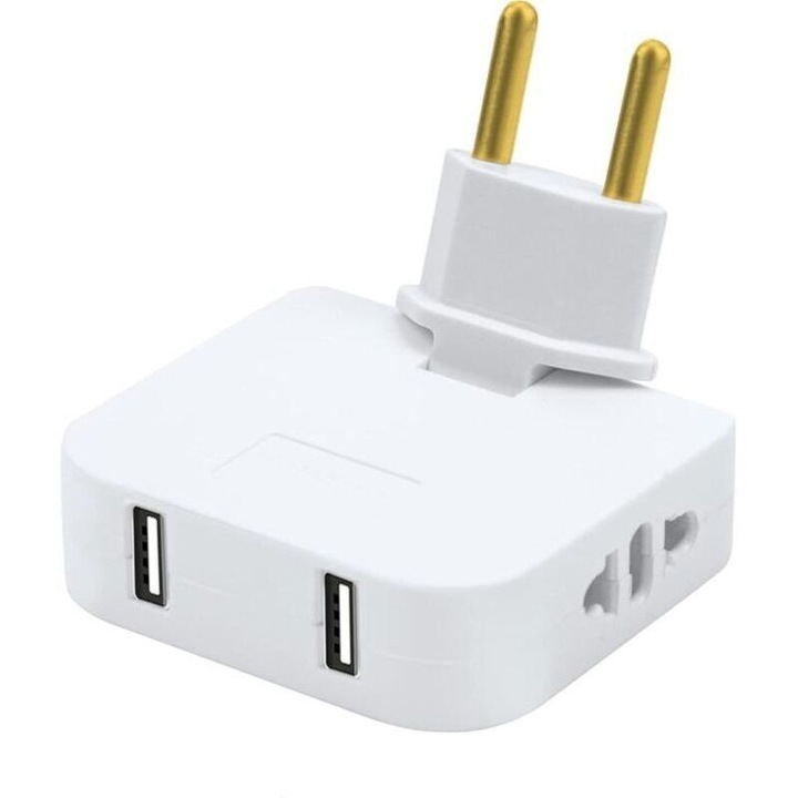 Priza plata 4-in-1, 2 prize 220V, 2 porturi USB, alb, 1.4cm, cap rotativ 180°
