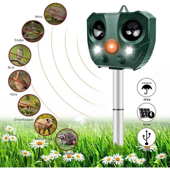 Dispozitiv ultrasunete solar pentru alungat animale, 465mp, rezistent apa