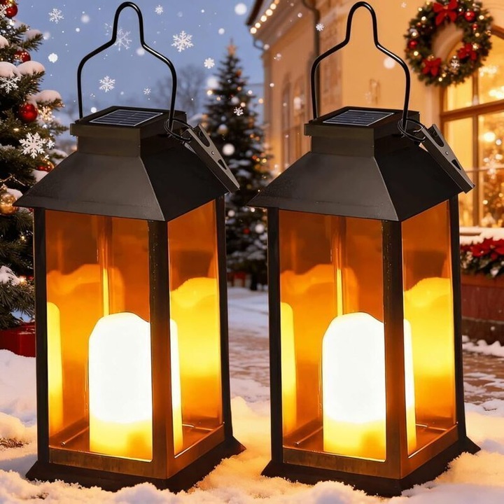 Set 2 felinare solare LED cu lumanari palpaitoare, impermeabile, negru, 12x20cm