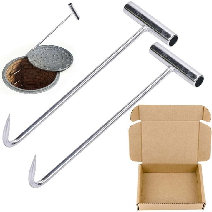 Set 2 carlige ridicare capac canalizare 30x10cm otel inoxidabil argintiu