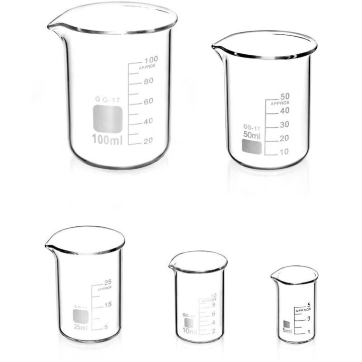 Set 5 pahare gradate sticla borosilicata 5ml 10ml 25ml 50ml 100ml transparent
