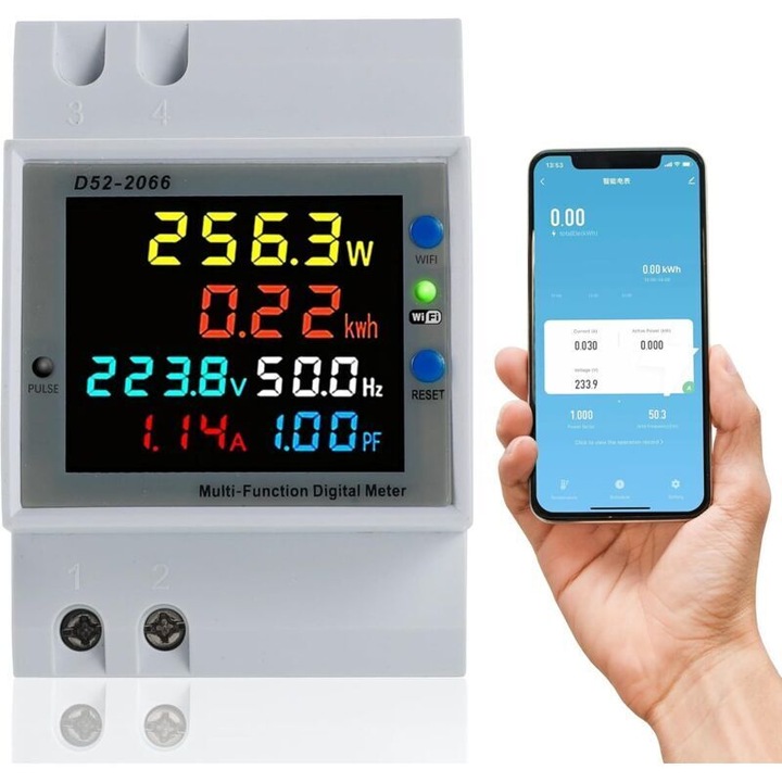 Egyfázisú WiFi energiamérő, színes LED kijelző, 40-300V 100A, 1 fázis, DIN sínre szerelhető