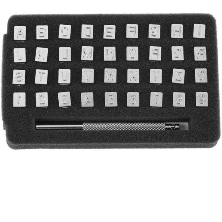 Set 36 piese litere si cifre pentru piele 6mm