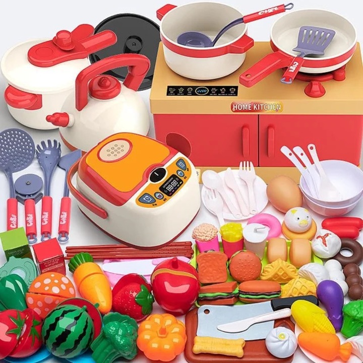 Set bucatarie copii, Socodox, 84 piese, rosu, multifunctional