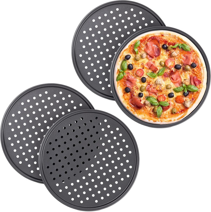 Pizzatálca, 4 darabos készlet, kerek, perforált, tapadásmentes, flammkuchenhez, acél, forma, ∅ 32 cm, antracit