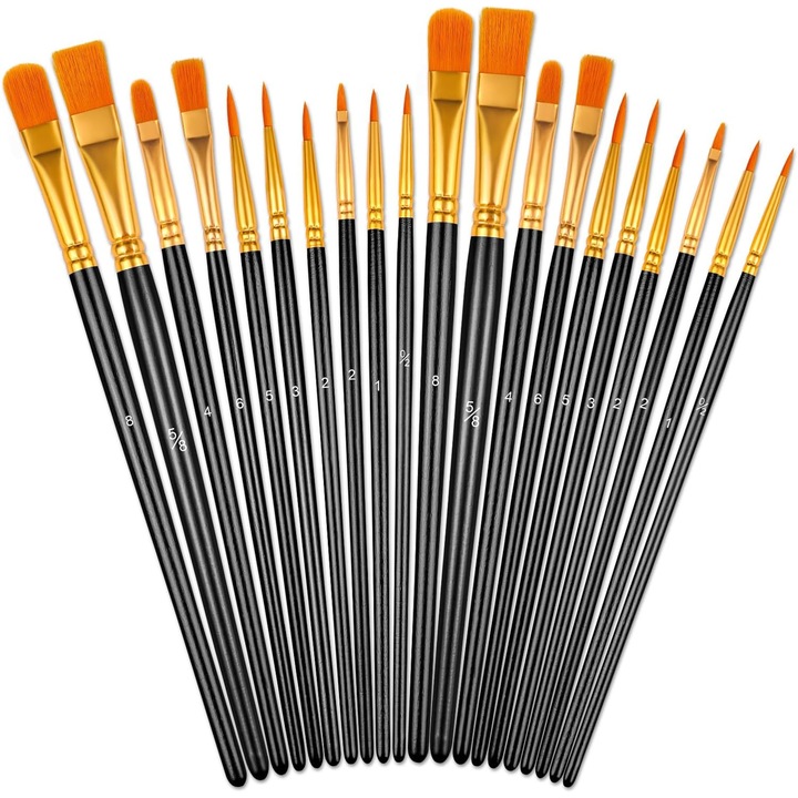 Set de pensule, 20 de pensule pentru artisti cu peri de nailon si manere din lemn, pensule pentru vopsea acrilica, acuarela si ulei, pensula pentru unghii si fata (negru)
