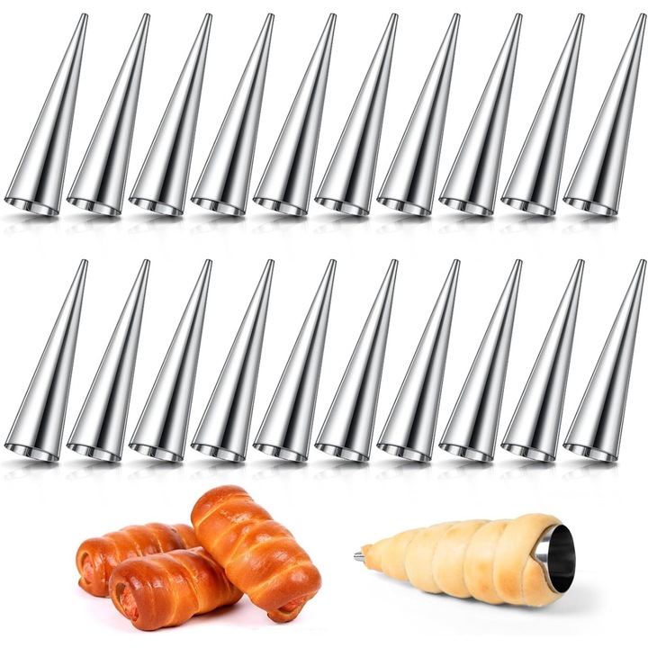 Set de forme pentru croissante si cannoli, 20 de piese, forme conice din otel inoxidabil, forme de patiserie pentru croissante, foietaj, inghetata