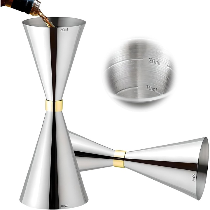 Jigger pentru cocktailuri, dozator de alcool din otel inoxidabil, cana de masurat profesionala pentru barman, jigger dublu cu marcaje: 5ml/10ml/15ml/20ml/30ml/40ml, argintiu (25/50ml)