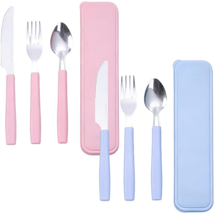 Set de tacamuri pentru pranz, 6 piese, cutie de tacamuri portabila, tacamuri din otel inoxidabil cu husa de transport, lavabila in masina de spalat vase, pentru calatorii, camping si birou