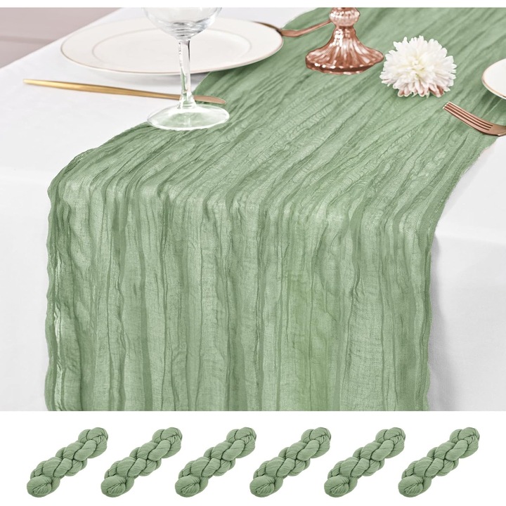 6 bucati de traverse de masa verde salvie, traverse de masa din muselina 90x300 cm, traverse de masa rustice din tifon, traverse de masa lungi si transparente romantice pentru petreceri de nunta, petreceri pentru copii
