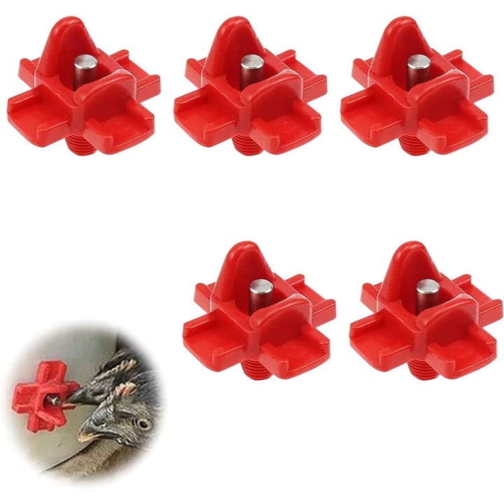 Adapator de pui, tetina pentru apa de pasari de curte, adapatoare de pui din plastic, adapator automat pentru tetina pentru pui cu montare laterala orizontala, 5 buc, rosu