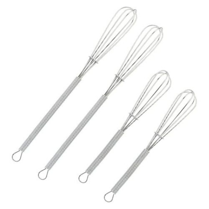 Set de 4 mini teluri de bucatarie din sarma pentru oua, sosuri, mini teluri argintii de 13 cm si 17 cm