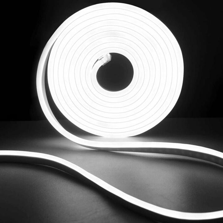 Banda LED Neon, Banda Luminoasa LED Alb Rece 2m, Banda LED Neon Flexibila 220v, IP65, 120 LED-uri/M, Banda LED Neon Flexibila cu Sir pentru Decoratiuni Interioare si Exterioare