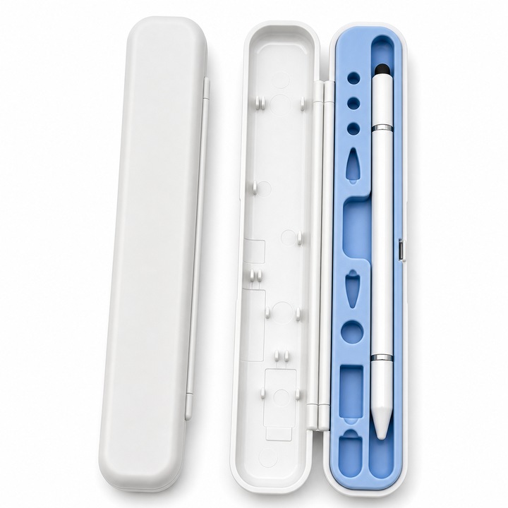 Stilou Magic TLXT® cu cutie de depozitare, model universal, varf rezistent la zgarieturi, respingere a palmei, inclinare naturala, fara intarziere, fara nevoie de incarcare, culoare alba