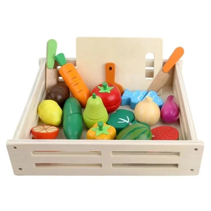Set educativ de jucarii din lemn fructe, legume, peste cu tocator si cutit pentru bucataria copiilor, SALLMA®