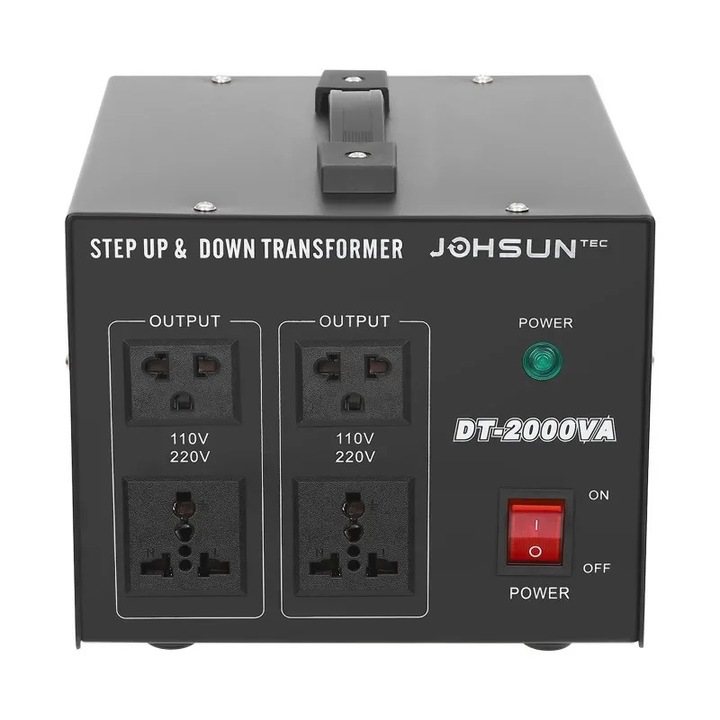 Feszültségátalakító, Lépcsős fel/le transzformátor, 110V↔220V, 2000W, Univerzális aljzatok, Túlterhelés elleni védelem, Fekete