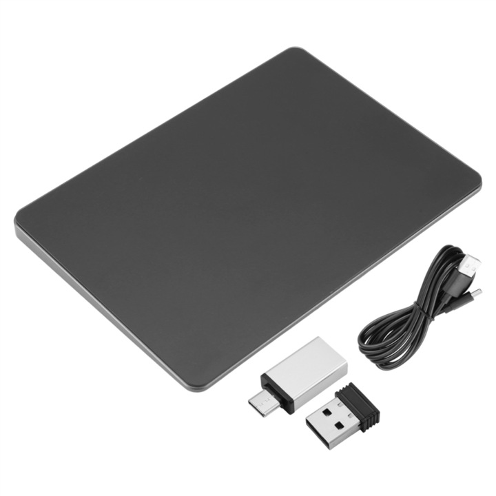 Trackpad Bluetooth CJ-OB1-K0204-20260605-1706, multi-touch gesztusok, Bluetooth 5.0 és 2.4G USB vevővel, Type-C töltés, 500 mA akkumulátor, fekete