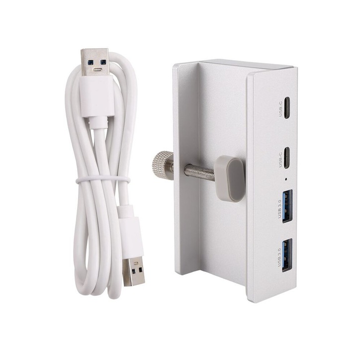 USB 3.0 elosztó, alumínium, csíptetős, ezüst, 5 Gbit/s, 2xUSB 3.0+2xType-C, 3mm