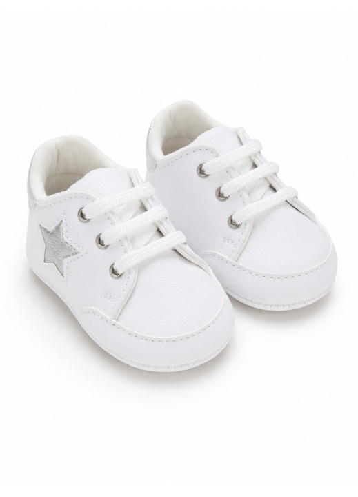 Pantofi bebe albi casual cu siret si aplicatie stea comozi