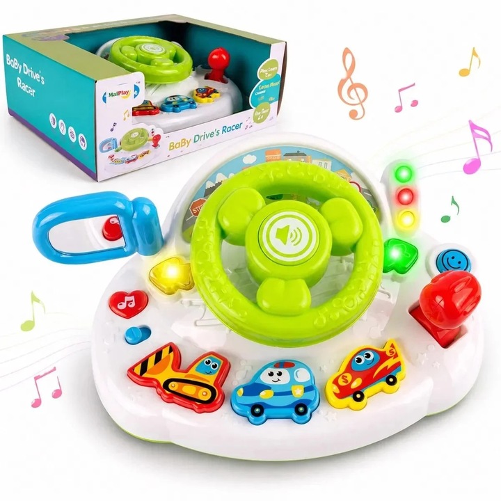 Volan interactiv de jucarie malplay pentru bebelusi cu lumini, sunete si masinute, SALLMA®