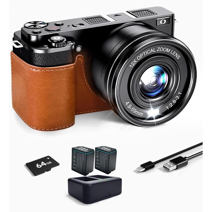 Aparat Foto Digital Profesional pentru Vlogging si Incepatori CCN, Ultra HD 4K, Rezolutie 64MP, Zoom Optic Real 12X, Wi-Fi incorporat, Autofocus, Negru
