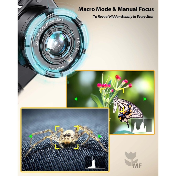Professzionális Digitális Fényképezőgép Vlogginghoz és Kezdőknek CCN, Ultra HD 4K, 64MP Felbontás, Valódi 12X Optikai Zoom, Beépített Wi-Fi, Autofókusz, Fekete