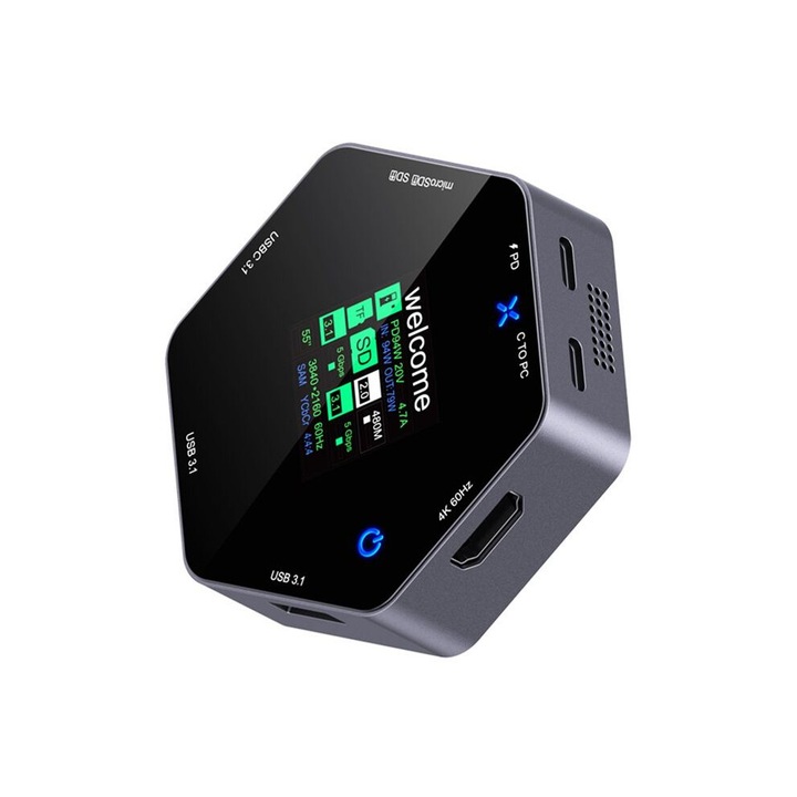 8 az 1-ben dokkolóállomás, 4K 60Hz kijelző, USB 3.1 hub, szürke-fekete, 30cm