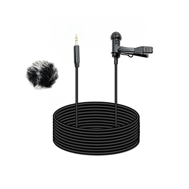 Microfon lavalier 3,5 mm cu husa antivant negru 1,5m