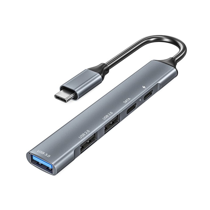 USB-C 5 az 1-ben hub, gyors adatátvitel, PD töltés, fekete, kompakt