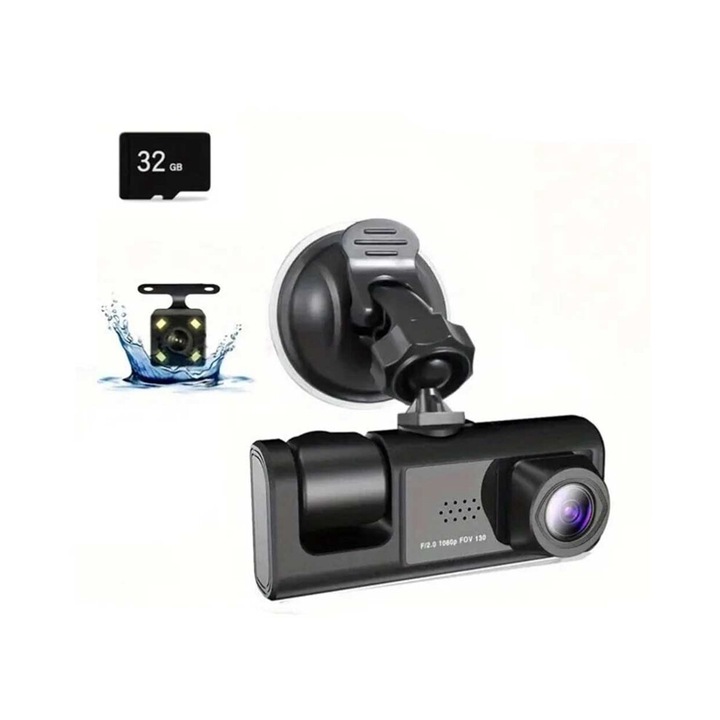 Autós kamera DVR 3 lencsés, HD 1080P, WiFi, fekete, 32GB, 3"