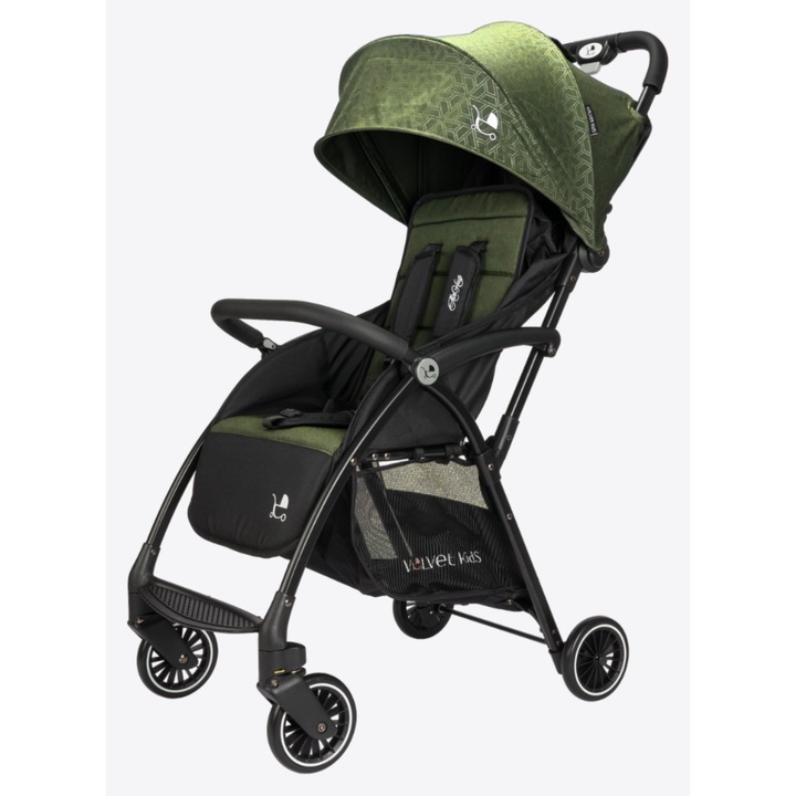 Carucior sport Ultrausor si Compact Velvet KidS New AirHug v2, doar 4, 6 kg, Compatibil avion, Suporta pana la 22kg, Pozitie de somn, Bretea umar pentru transport facil, Plasa anti-insecte inclusa, Verde Olive