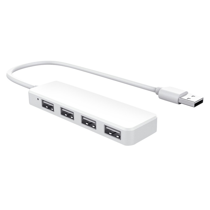 USB хъб 2.0, 4 порта, бял, 40см, тънък и преносим