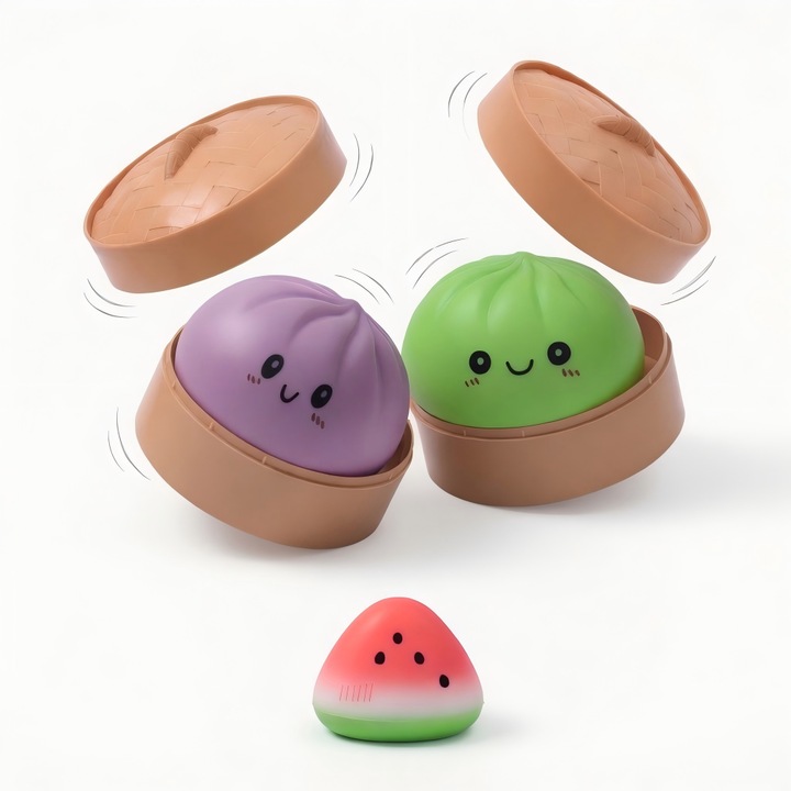 Set 3 Jucarii Antistres Squishy Galuste Dumpling, jucarii antistres copii, OLOEY®, 2 Chifle Verde si Mov + Felie Pepene, cu Cos de Abur, Revenire Lenta Senzoriala