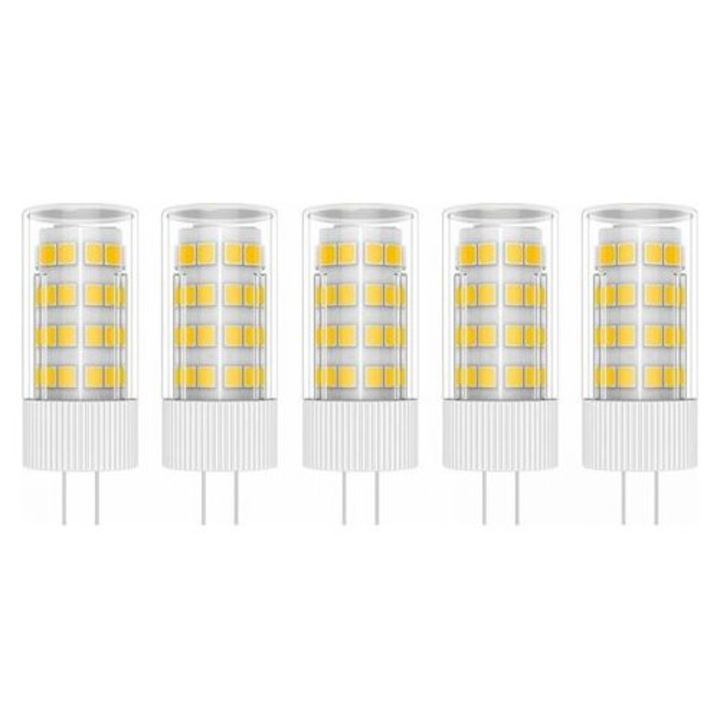 5 darabos készlet, G4 LED izzó, G4 lámpa 5W 51 SMD 2835, Meleg fehér 3000K, 50W-nak megfelelő, AC/DC 220V, Kerámia, 16 x 46 mm, 20000 óra, Nem szabályozható