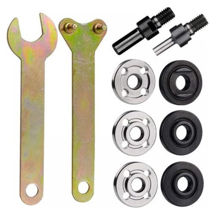 Set 10 bucati, Kit adaptor de conversie pentru bormasina in polizor unghiular, biele 6 mm si 10 mm, 2 chei, 3 placi de presiune argintii si 3 negre, compatibil mandrine M6/M10, aliaj galvanizat, argintiu/negru