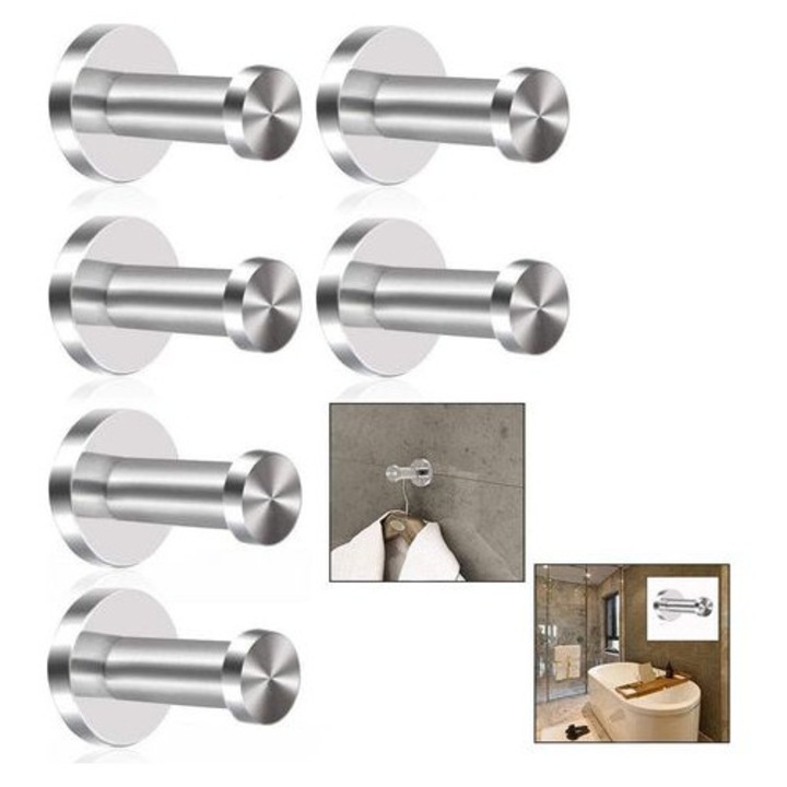 6 darabos készlet, Szálcsiszolt rozsdamentes acél fali kampók, modern design rejtett rögzítéssel, 5 kg-ig terhelhető, Ezüst