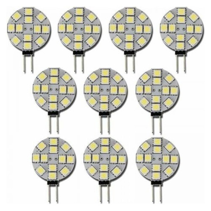 10 darabos készlet, G4 LED izzó, 2W, 120 lm, 12V DC, 12 SMD 5050, 6000K hideg fehér, nem szabályozható