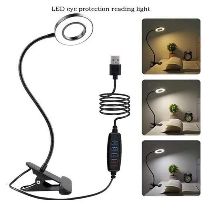 Lampa birou LED, flexibila, neagra, 9x50cm, USB, reglabila, clip