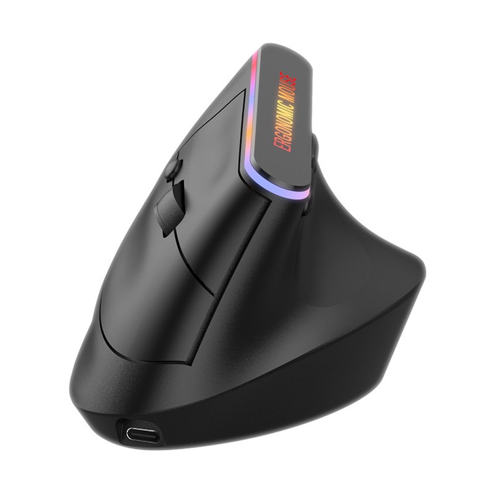 Mouse Wireless Ergonomic, Silent click, Reîncărcabil USB-C,800-1600 DPI, RGB,6 butoane, Dual-Mode, Compatibil Windows macOS, Negru