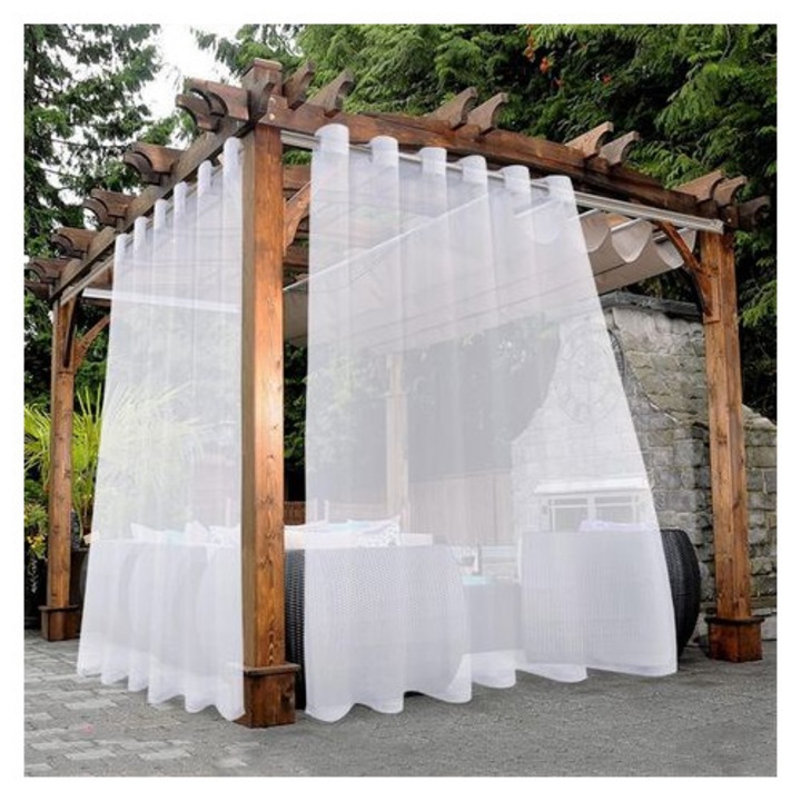2 darabos szett, texturált poliészter átlátszó vízálló voile függöny, kültéri és beltéri használatra (terasz, pergola, nappali), fehér, 132 x 241 cm