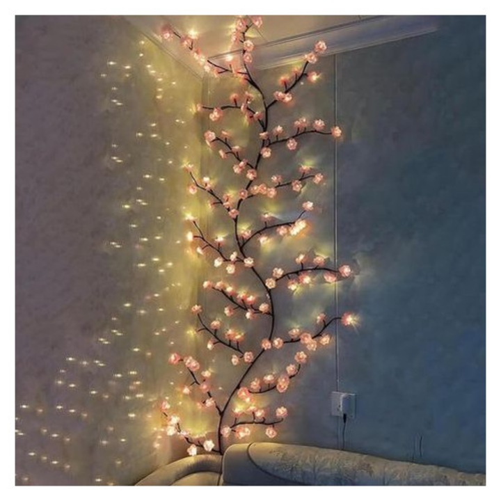 Ghirlanda luminoasa LED crengute floare cires 72 LED roz 2.2m