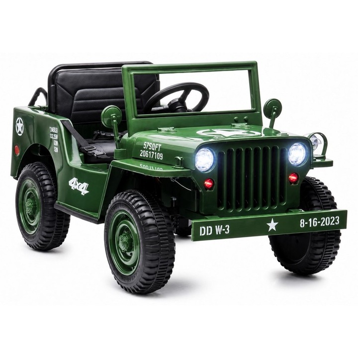 Masinuta electrica pentru copii Military Jeep JH-103 Green, cu 4 motoare de 45W, baterie 12V7Ah, faruri LED, roti EVA, telecomanda 2.4G, design autentic, panou multimedia USB, Bluetooth, dimensiune 110 x 60 x 58 cm