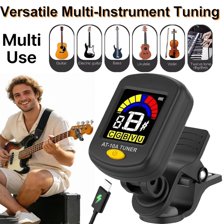 Acordor multifunctional cu clips, Fain Mioritic®, rotativ la 360°, ecran color, reincarcabila, dispune de mod de acordare cromatica, acordare rapida si precisa, potrivit pentru chitara, bas, vioara, ukulele etc., negru