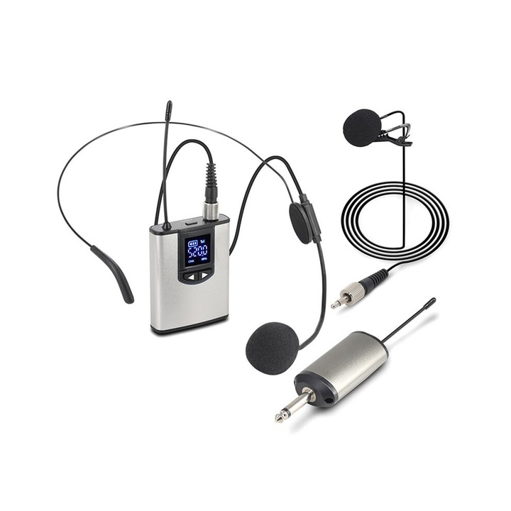 Microfon lavalier wireless UHF, argintiu, aliaj aluminiu, set
