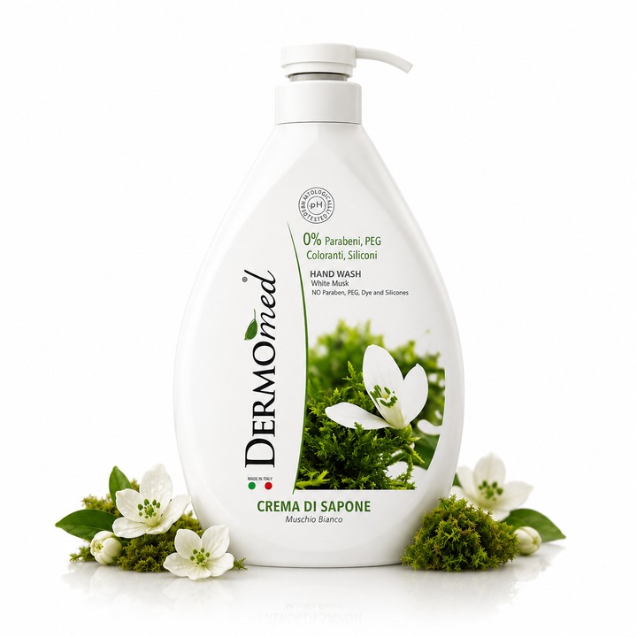 Dermomed® folyékony szappan elegáns fehér pézsma illattal és finom virágos jegyekkel, 1000 ml