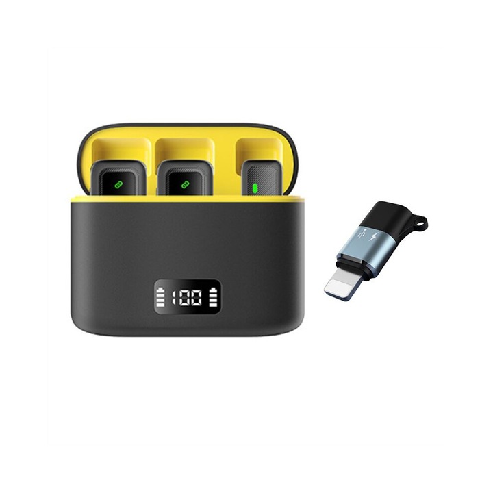 Microfon lavalier wireless M8 Pro, reducere zgomot, negru-galben, kit