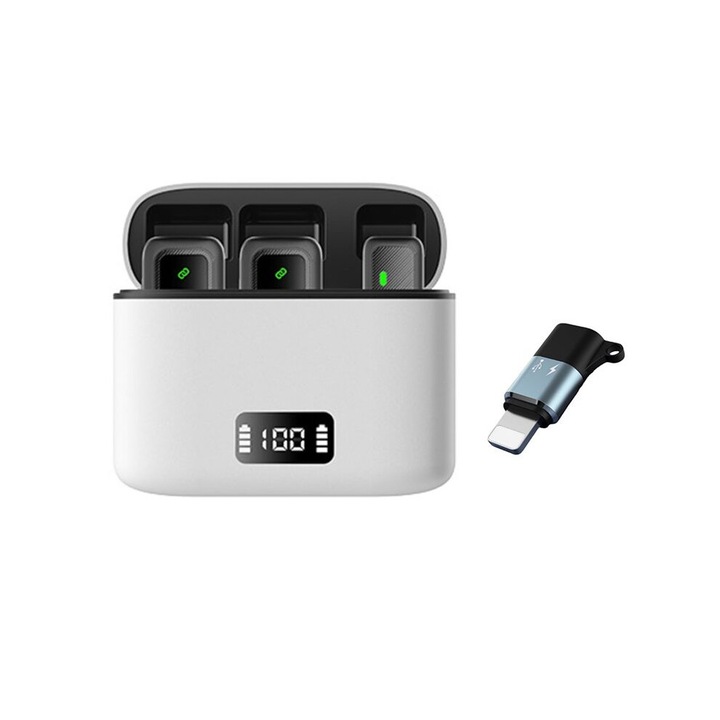 Microfon lavalier wireless M8 Pro, ecran LCD, reducere zgomot, alb-negru