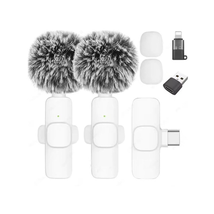 Microfon lavalier wireless portabil alb set 2 buc