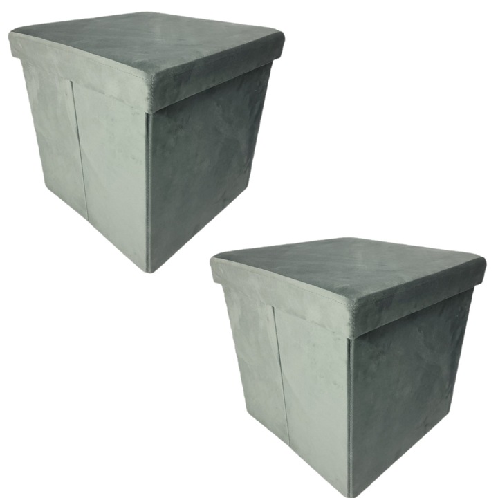 Set 2 pufe BEGRYF, pliabile, cu spatiu depozitare, catifea, gri deschis, 38x38x37 cm